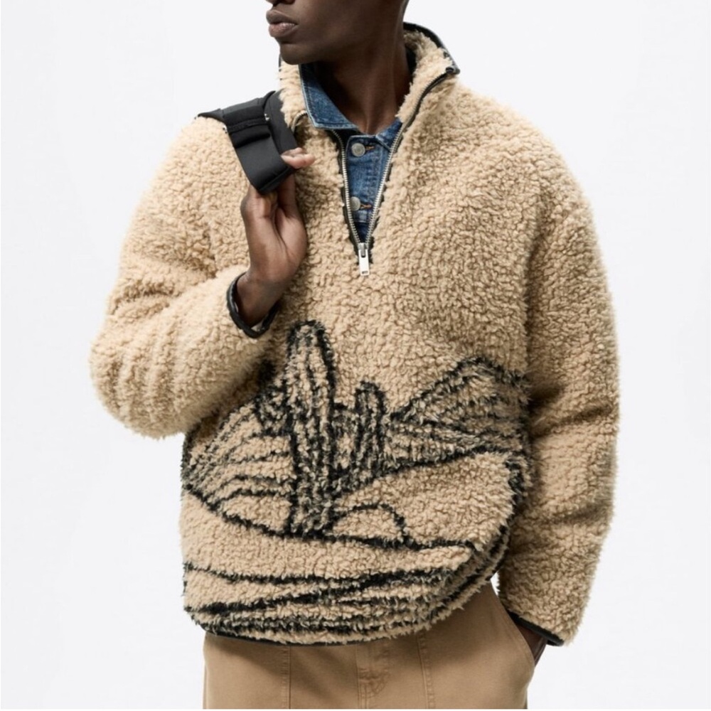 Zara Faux Shearling Cactus Print Pouch Pocket Jacket Unisex Size L/XL